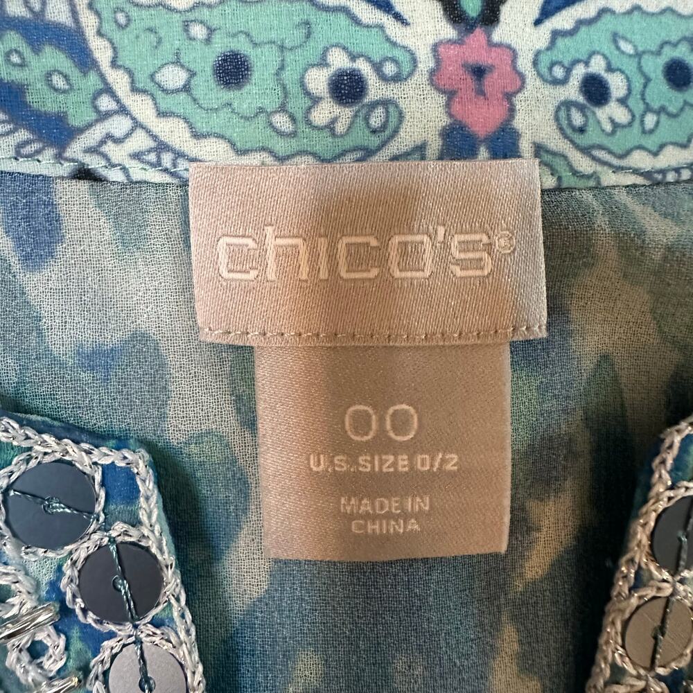 Chico's Blue Bedazzled, Funky Printed, Quarter Sleeve, Long Blouse- 00(0/2) - Picture 3 of 8